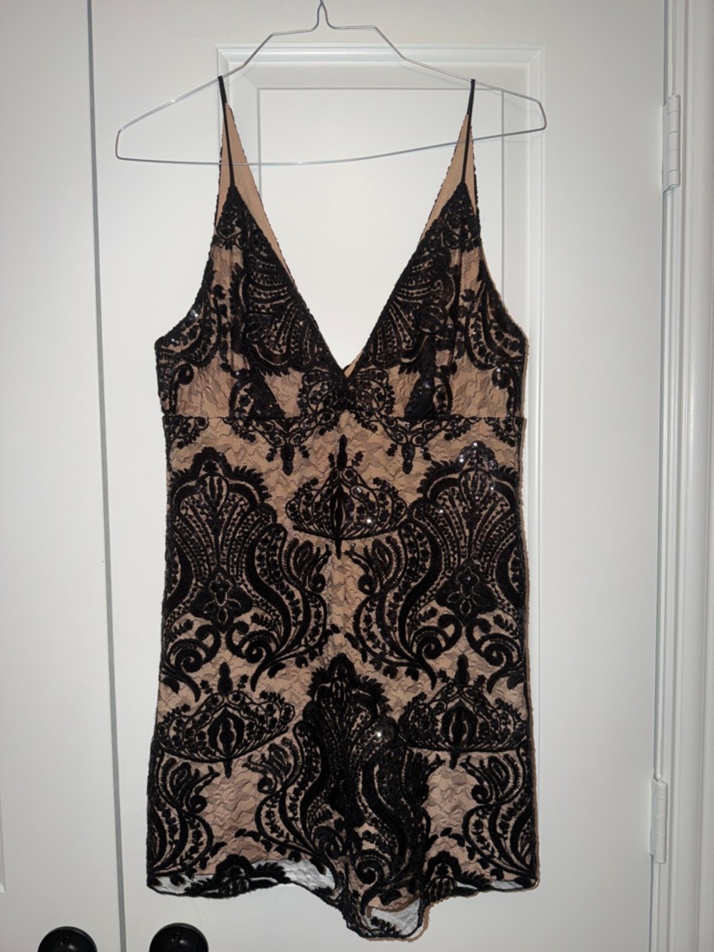 Free People Black Sequin Lace Overlay Slip Dress on Nude Lining